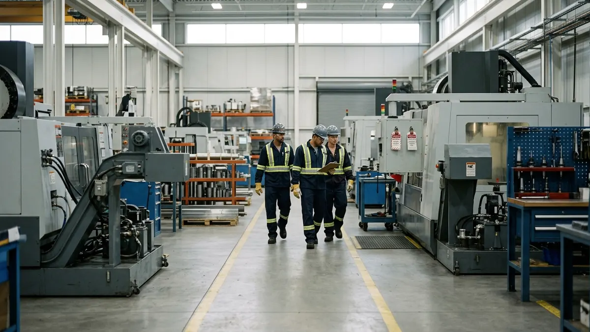 Industrial workers in hard hats and high-visibility vests on a plant floor
