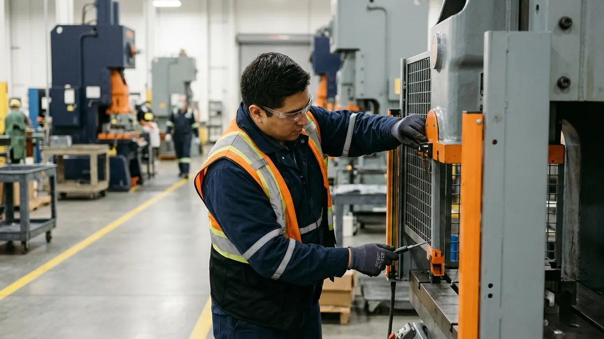 a safety coordinator walking a stamping press line checking machine guards and floor markings