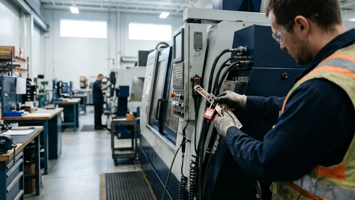 a maintenance technician performing lockout on a CNC machining center before servicing the spindle