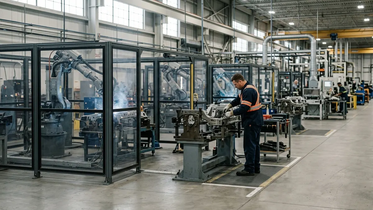 Robotic arms working on an automotive parts production line