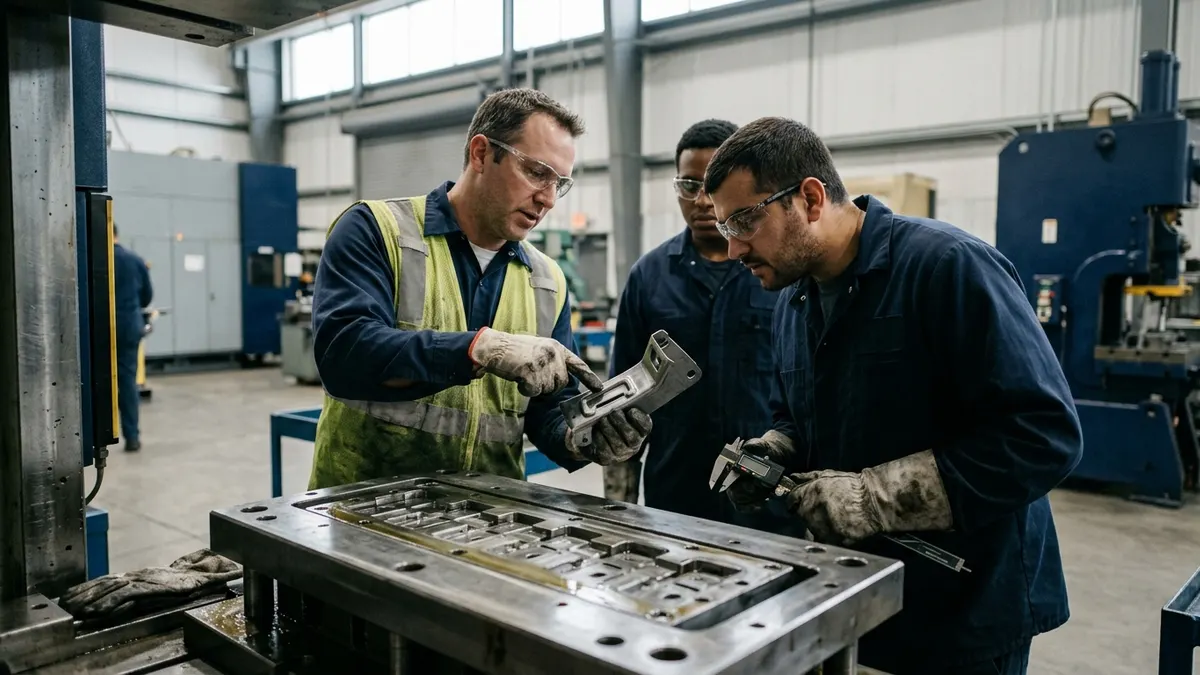 a launch team reviewing a stamped steel bracket beside a progressive die on a press line during a pre-production trial run