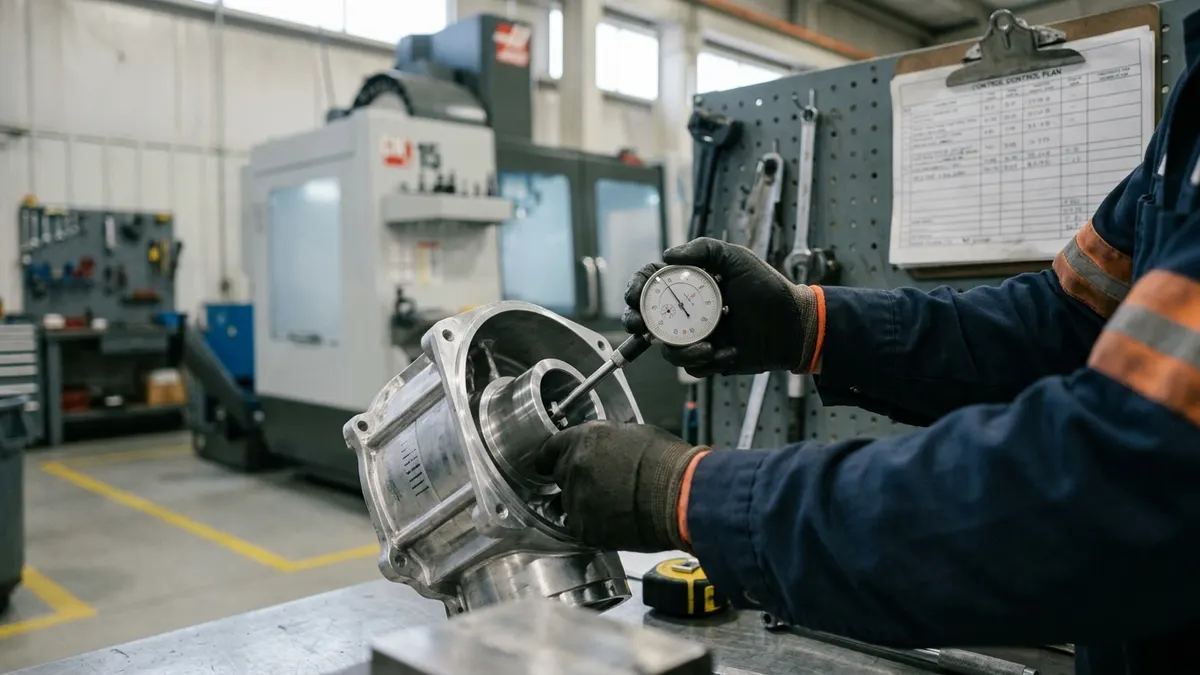 an operator measuring a machined aluminum housing with a bore gauge at a CNC machining cell while a control plan sheet hangs at the workstation