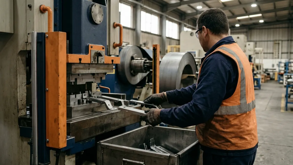 a stamping press line in an automotive parts plant with coil feeding into a progressive die and finished brackets collecting in a steel bin
