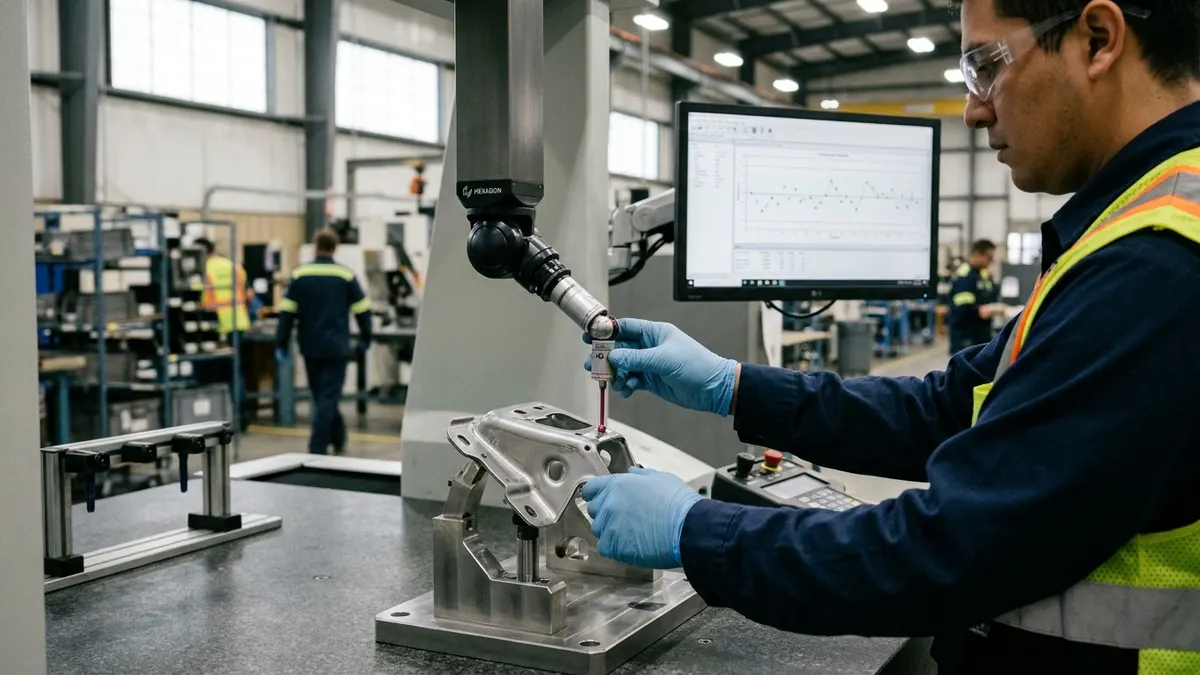a quality technician measuring a stamped steel bracket on a coordinate measuring machine beside a gauge fixture and a control chart display