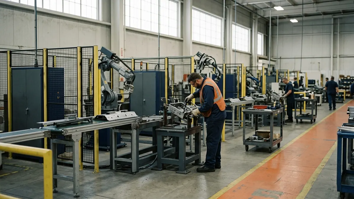 Robotic arms working on an automotive parts production line