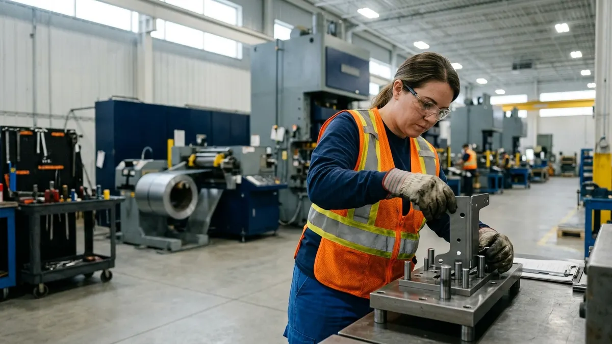 a stamping press operator checking a formed steel bracket against a gauge fixture beside a progressive die line