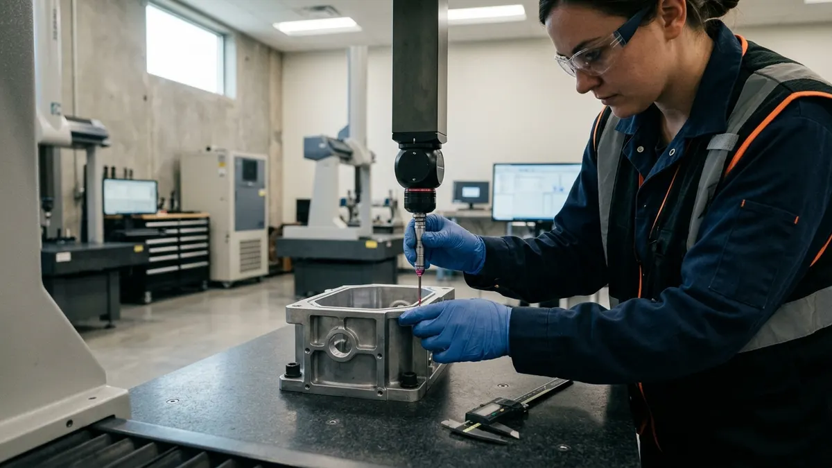 a quality technician measuring a machined housing on a coordinate measuring machine in a temperature-controlled inspection room