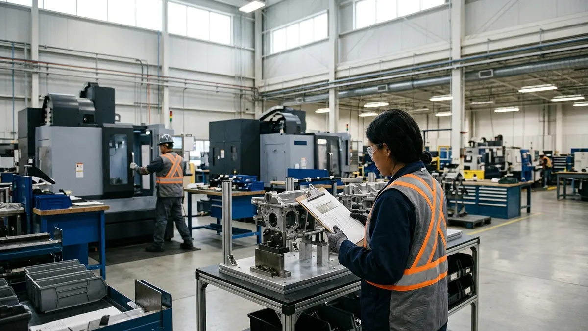A manufacturing quality technician confirming a controlled work instruction at a production cell; authentic industrial setting, no text or logos