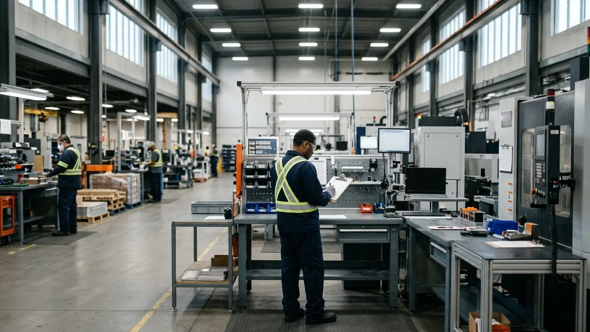 a production operator completing a controlled checklist at an assembly station; authentic manufacturing environment, no readable text or logos