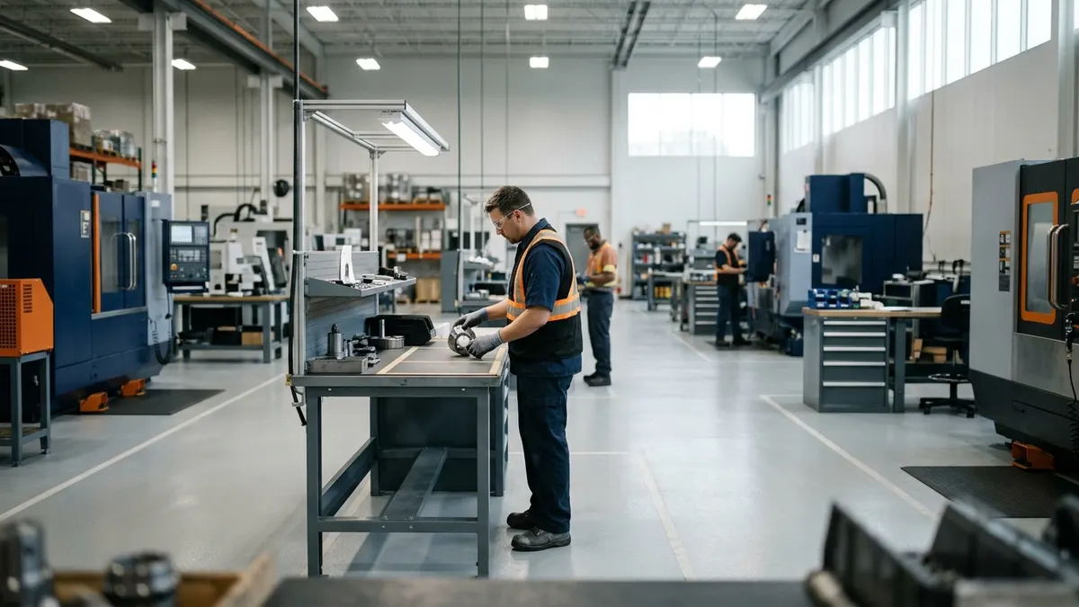 a quality technician isolating a rejected component at a marked inspection bench; authentic manufacturing environment, no readable text or logos