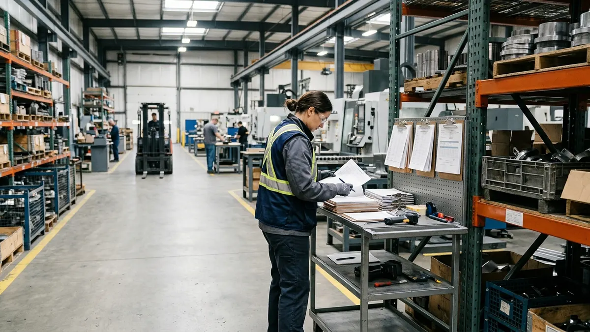 a receiving inspector sorting traceability records beside incoming material racks; authentic manufacturing environment, no readable text or logos