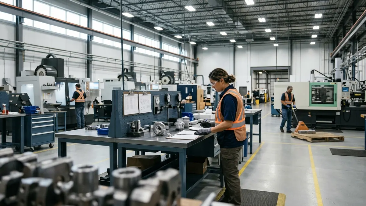 a quality lead reviewing completed evidence beside a final inspection station; authentic manufacturing environment, no readable text or logos