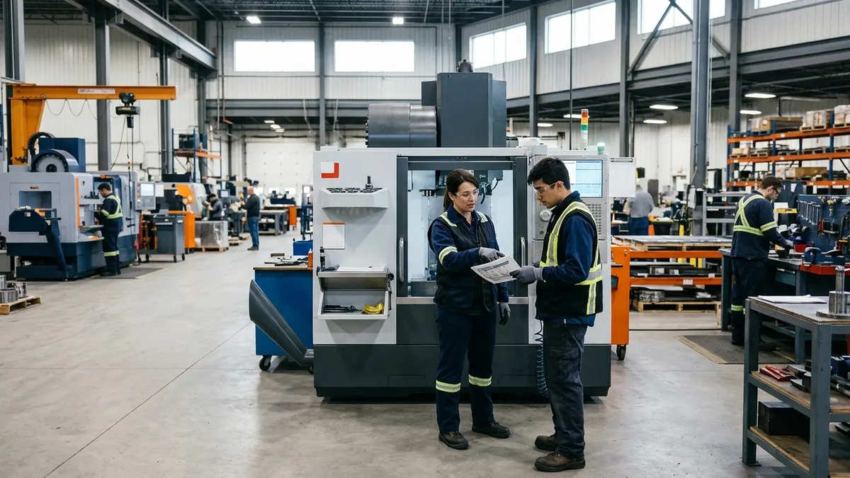 a trainer showing an operator the approved setup instruction on a shop floor; authentic manufacturing environment, no readable text or logos