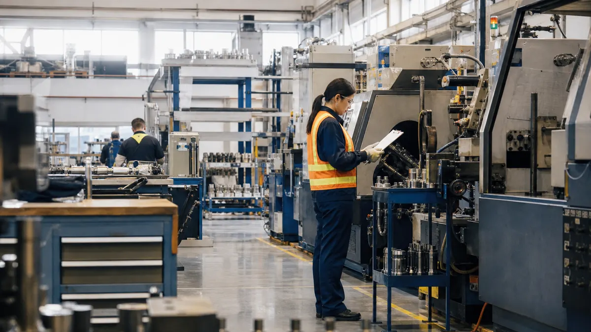 A manufacturing quality technician confirming a controlled work instruction at a production cell; authentic industrial setting, no text or logos