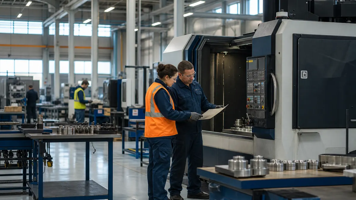 a machining supervisor comparing inspection records beside a CNC machine; authentic manufacturing environment, no readable text or logos