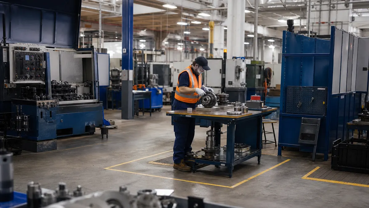 a quality technician isolating a rejected component at a marked inspection bench; authentic manufacturing environment, no readable text or logos