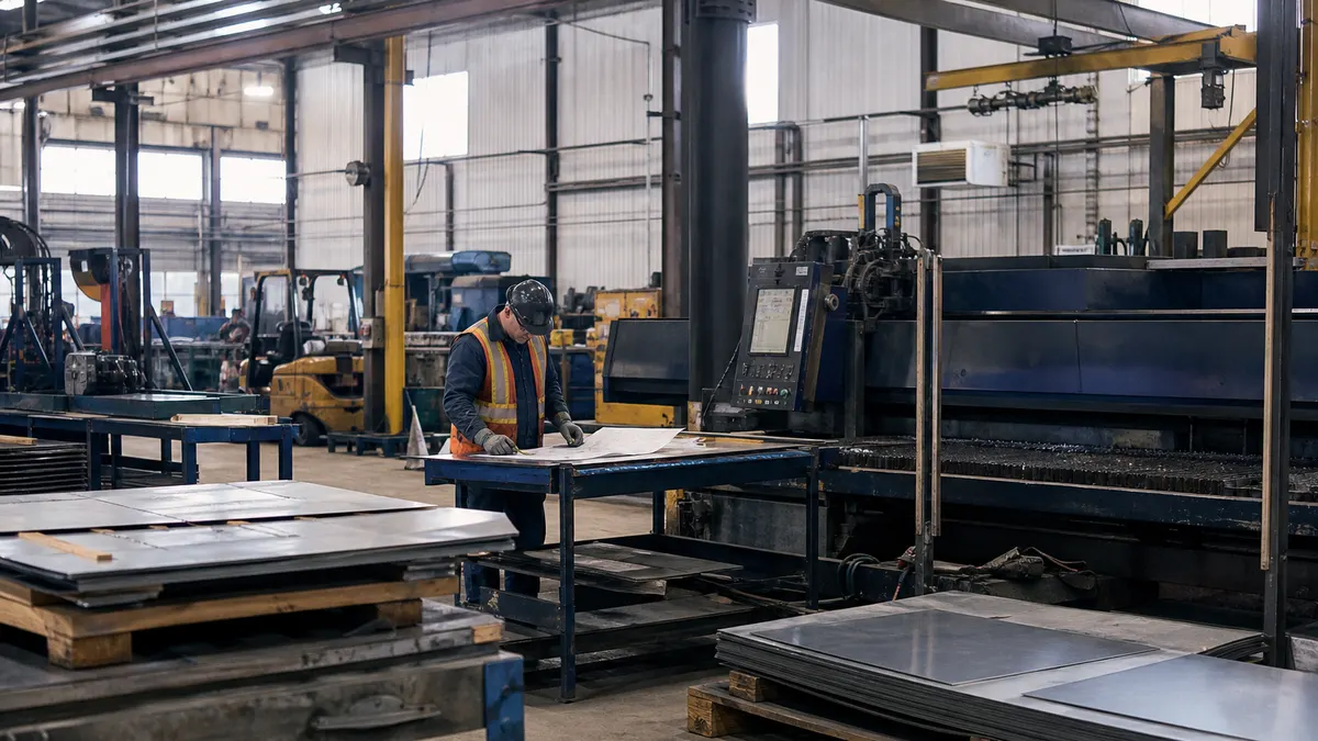 a fabrication inspector tracing a paper work instruction at a cutting station; authentic manufacturing environment, no readable text or logos