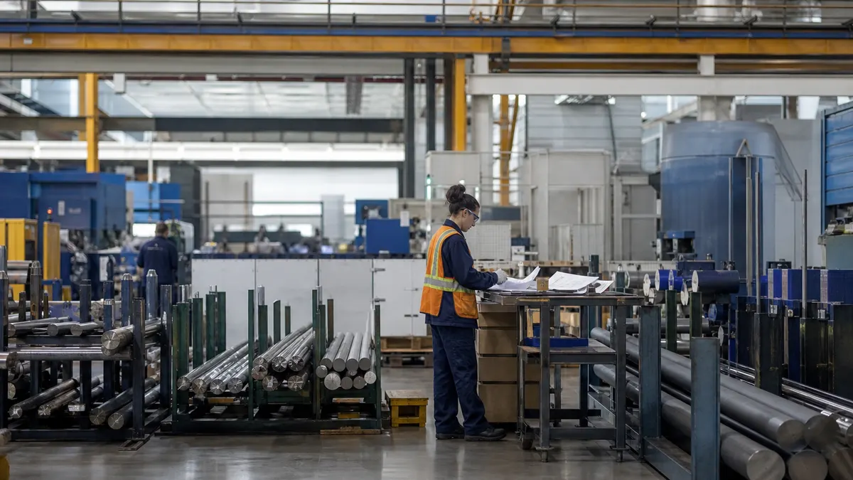 a receiving inspector sorting traceability records beside incoming material racks; authentic manufacturing environment, no readable text or logos