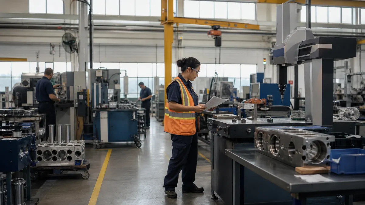 a quality lead reviewing completed evidence beside a final inspection station; authentic manufacturing environment, no readable text or logos
