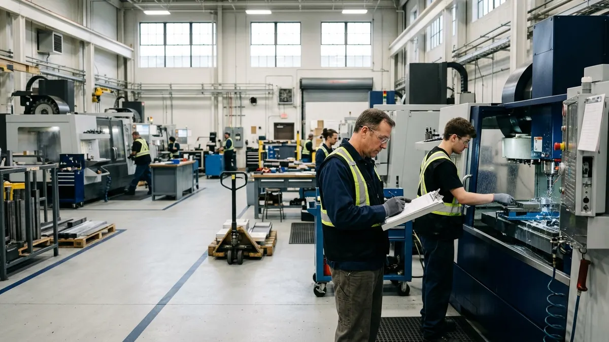 a machining supervisor comparing inspection records beside a CNC machine; authentic manufacturing environment, no readable text or logos