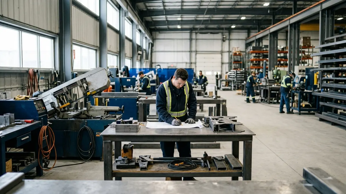 a fabrication inspector tracing a paper work instruction at a cutting station; authentic manufacturing environment, no readable text or logos