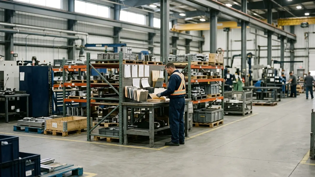 a receiving inspector sorting traceability records beside incoming material racks; authentic manufacturing environment, no readable text or logos