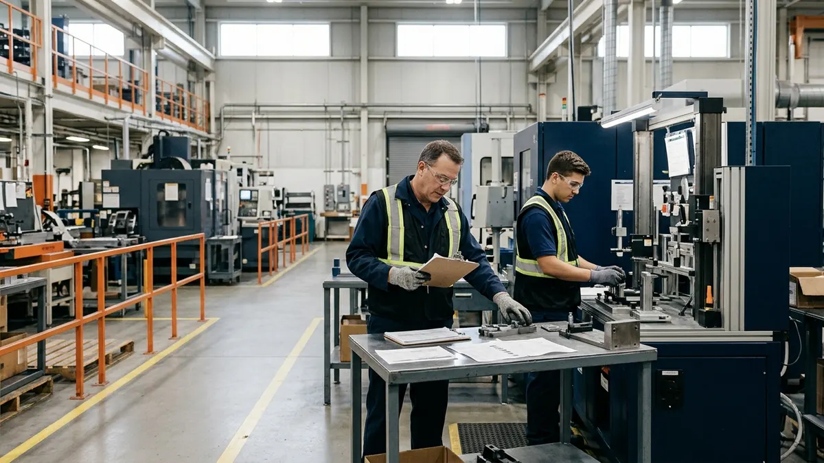 a quality lead reviewing completed evidence beside a final inspection station; authentic manufacturing environment, no readable text or logos