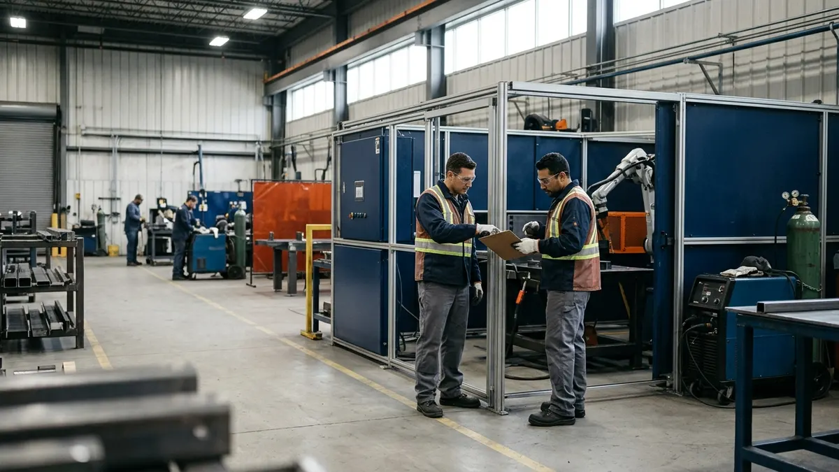 two quality inspectors reviewing a weld inspection record beside a fabrication cell; authentic manufacturing environment, no readable text or logos