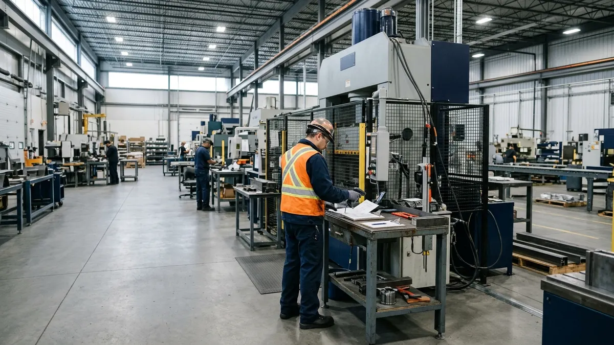 a line operator scanning an approved instruction beside a guarded press; authentic manufacturing environment, no readable text or logos