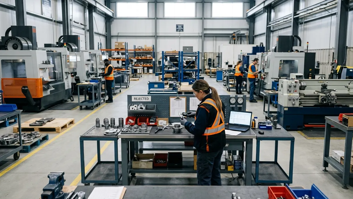 a quality technician isolating a rejected component at a marked inspection bench; authentic manufacturing environment, no readable text or logos
