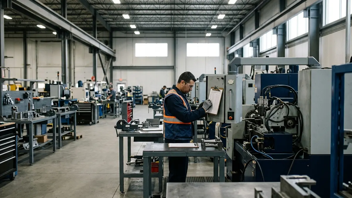 a production operator completing a controlled checklist at an assembly station; authentic manufacturing environment, no readable text or logos
