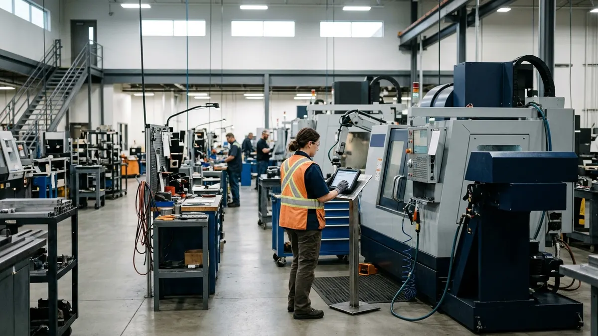 A manufacturing quality technician confirming a controlled work instruction at a production cell; authentic industrial setting, no text or logos
