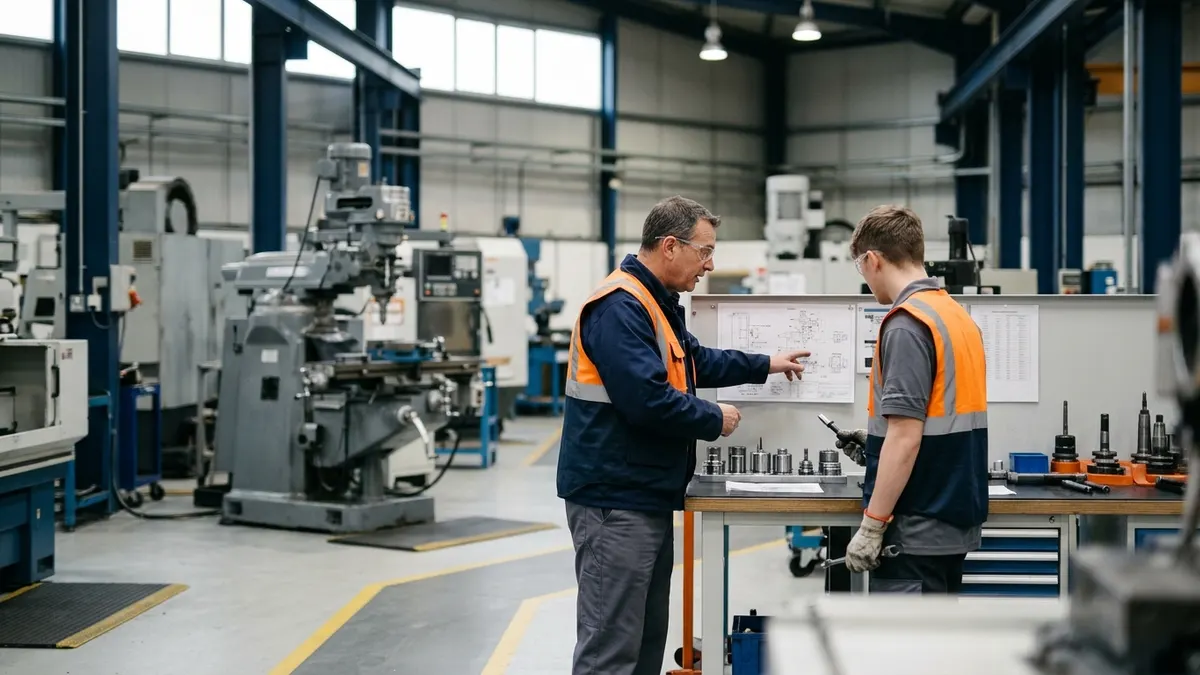 a trainer showing an operator the approved setup instruction on a shop floor; authentic manufacturing environment, no readable text or logos