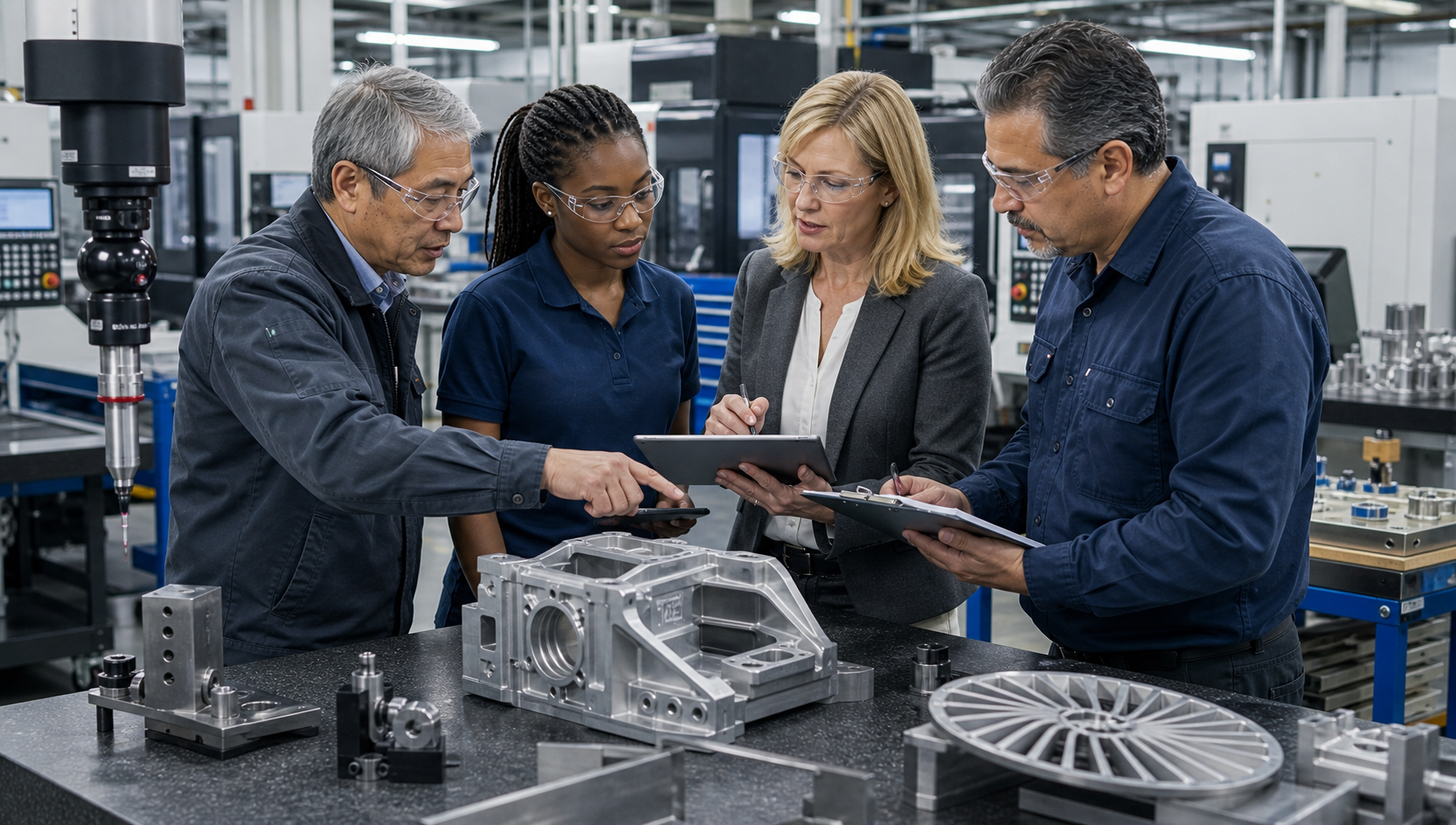 Aerospace precision machining team reviewing AS9100 inspection evidence