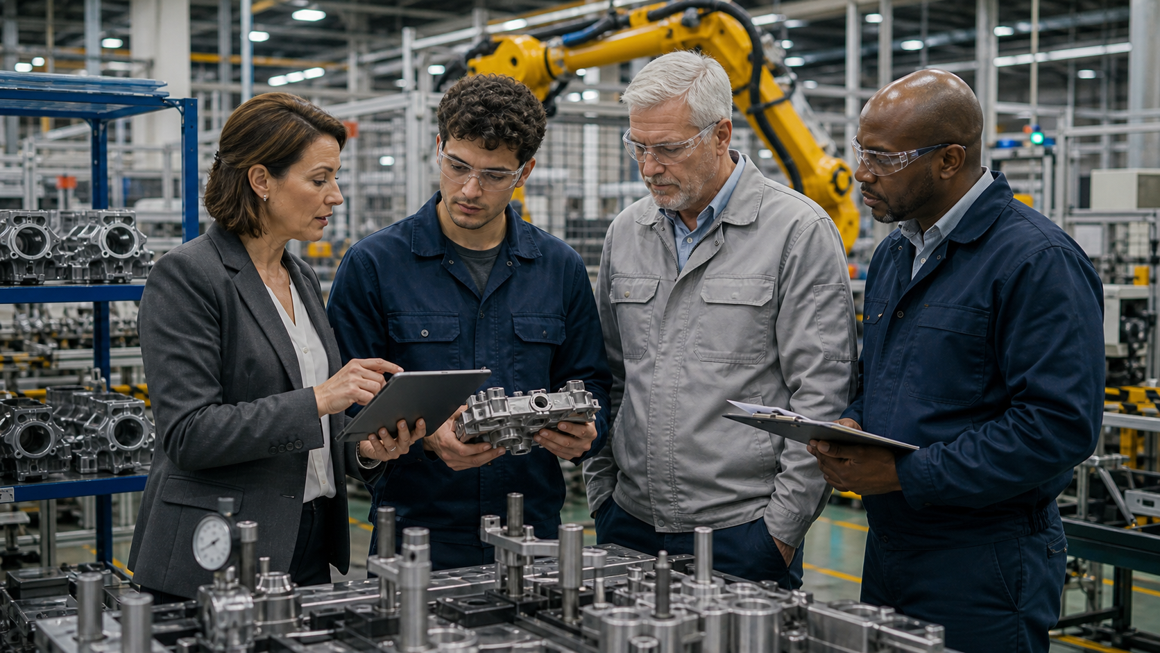 Automotive manufacturing team reviewing IATF inspection controls beside an assembly cell