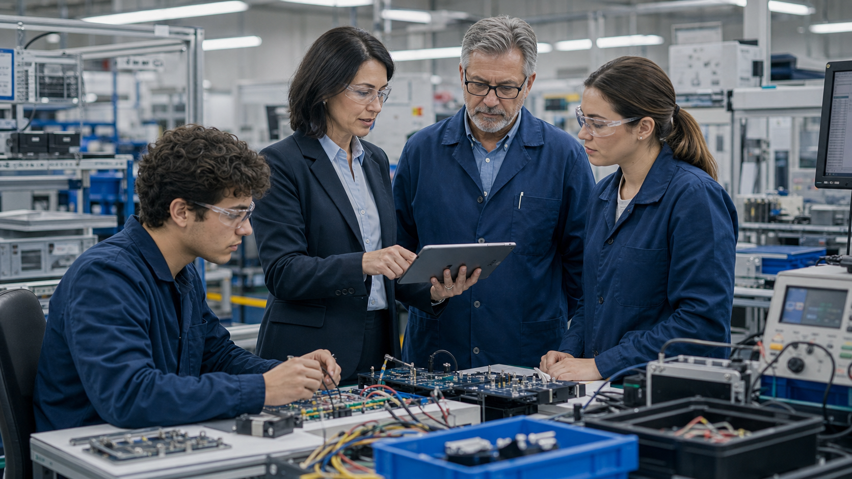 Electronics manufacturing team reviewing quality controls at an assembly bench