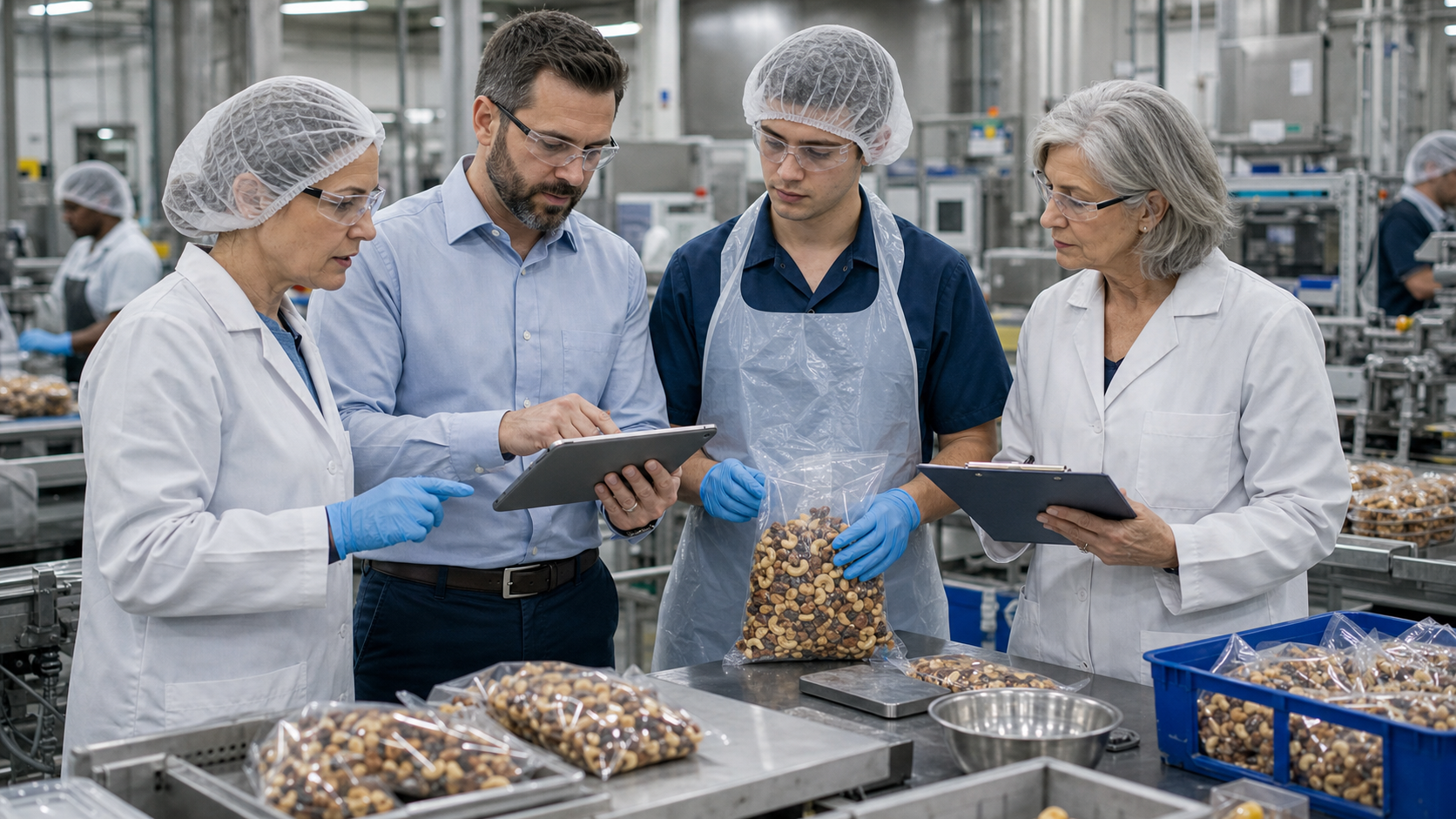 Food and beverage manufacturing team reviewing quality records near a packaging line