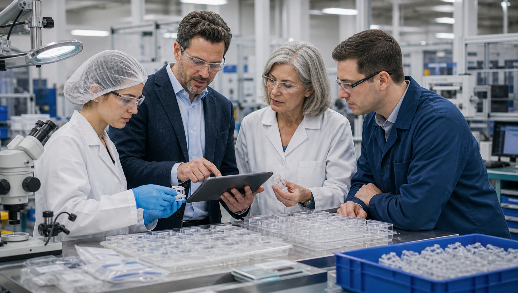 Medical device manufacturing team reviewing ISO 13485 records at an inspection bench
