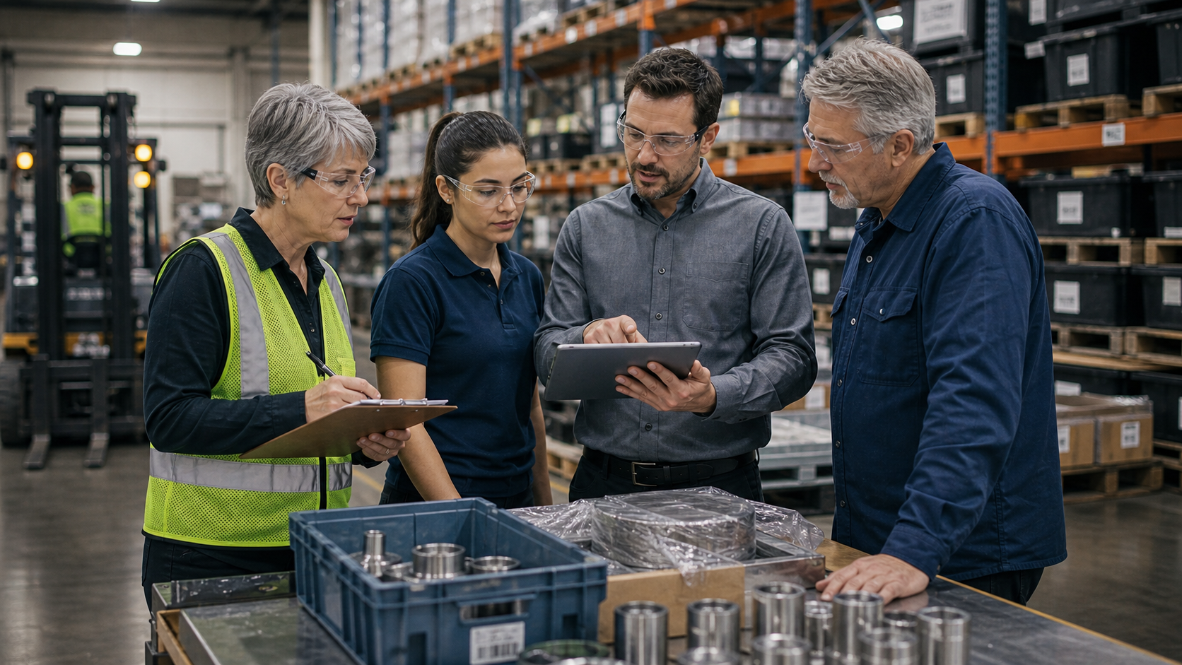 Warehouse receiving team reviewing traceability records for QMS implementation